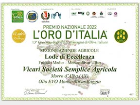 L'oro d'Italia, premio nazionale 2022 assegna la Lode di Eccellenza al nostro Olio fruttato medio monocultivar bio varietà Raggia