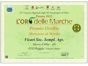 L'oro d'Italia, premio nazionale 2022 - Premio OroBio, assegna la Menzione di Merito al nostro Olio monocultivar bio varietà Raggia