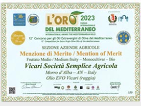 L'oro del Mediterraneo, premio internazionale 2023, Menzione di Merito al nostro Olio monocultivar bio varietà Raggia